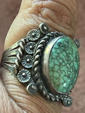 Sterling Silver Turquoise Statement Ring - Green Stone Sz 10